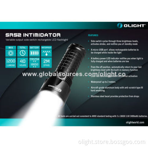 Rechargeable Flashlight, SR52, Easy to Operate Switch, Micro USB Port on Side, 1,200lm Luminous Flux